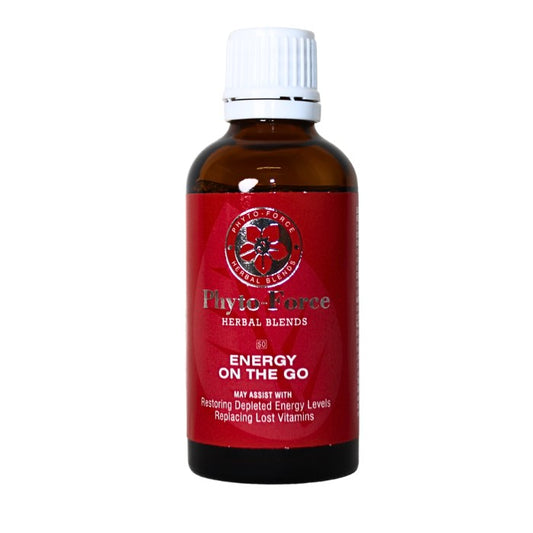 Alt text: Phyto-Force Energy On The Go herbal blend designed to help restore depleted energy levels and replace lost vitamins for daily vitality.
