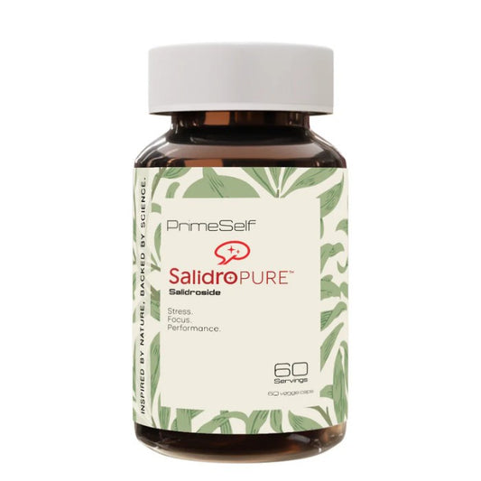 PrimeSelf SalidroPURE Salidroside supplement bottle for stress, focus, and performance support, 60 servings, natural formula capsules
