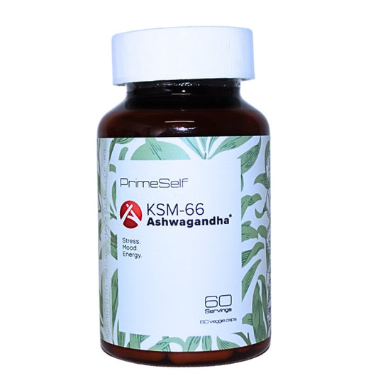 Alt tag: PrimeSelf KSM-66 Ashwagandha supplement is an organic adaptogen designed to reduce stress, enhance mood, and support natural energy levels.

