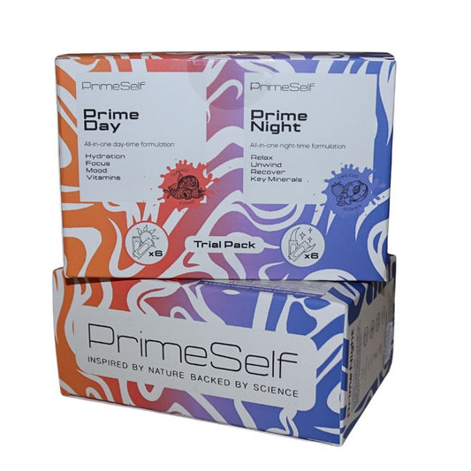 PrimeSelf Prime Day & Prime Night Trial Pack supports daily energy, focus, hydration, and restful sleep with essential vitamins and minerals.
