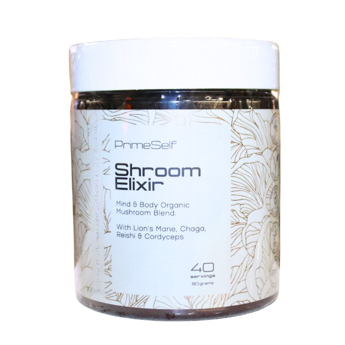 Alt tag: PrimeSelf Shroom Elixir, organic mushroom blend with Lion’s Mane, Chaga, Reishi, and Cordyceps to support mind, body, focus, and energy.
