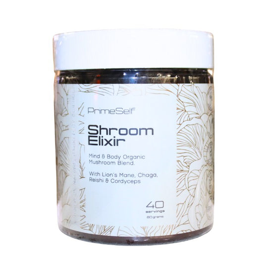 Alt tag: PrimeSelf Shroom Elixir, organic mushroom blend with Lion’s Mane, Chaga, Reishi, and Cordyceps to support mind, body, focus, and energy.
