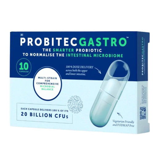 Alt tag: Probitec Gastro, 10 capsules, a multi-strain probiotic with 20 billion CFUs designed to normalize the intestinal microbiome and digestion.
