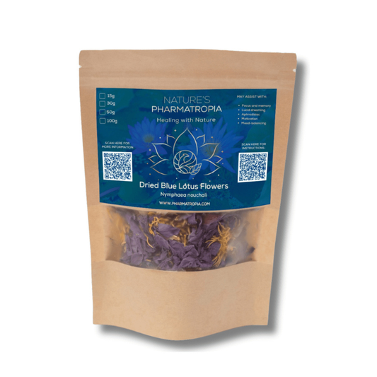 Nature’s Pharmatropia Blue Lotus Tea dried flowers in pouch offering support for focus lucid dreaming relaxation and mood balance