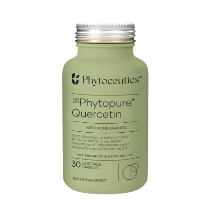 Phytoceutics Phytopure Quercetin with Pomegranate supplement supports immune balance, inflammation, and seasonal allergy relief.