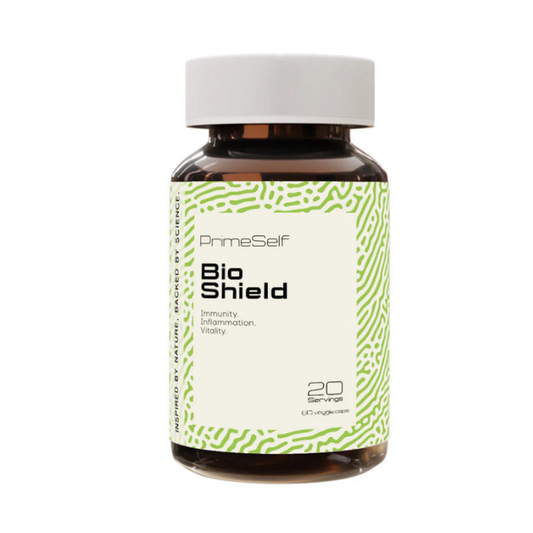 PRIMESELF Bio Shield with organic chaga and vitamin C for daily immune support, antioxidant protection, and enhanced absorption.