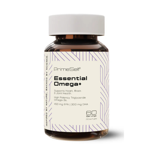 PRIMESELF Essential Omega+ – clean omega-3 support with EPA & DHA for brain, heart, joints, skin and immune health in TG form.