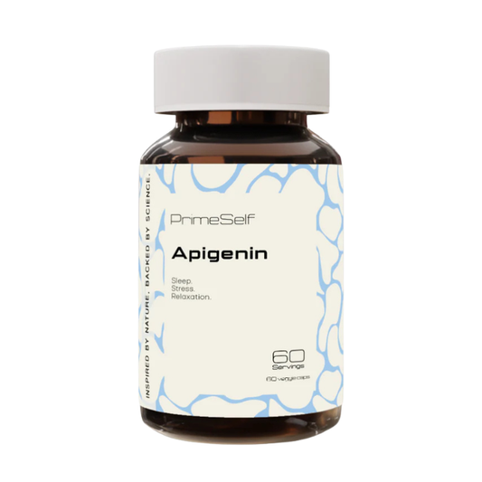 PrimeSelf Apigenin supplement bottle with chamomile extract supporting sleep relaxation and cellular health naturally