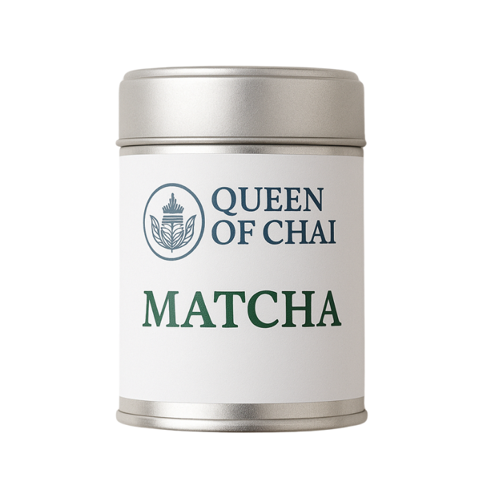 Queen of Chai Matcha tin featuring premium green tea powder, known for clean ingredients, natural energy, and holistic health benefits.
