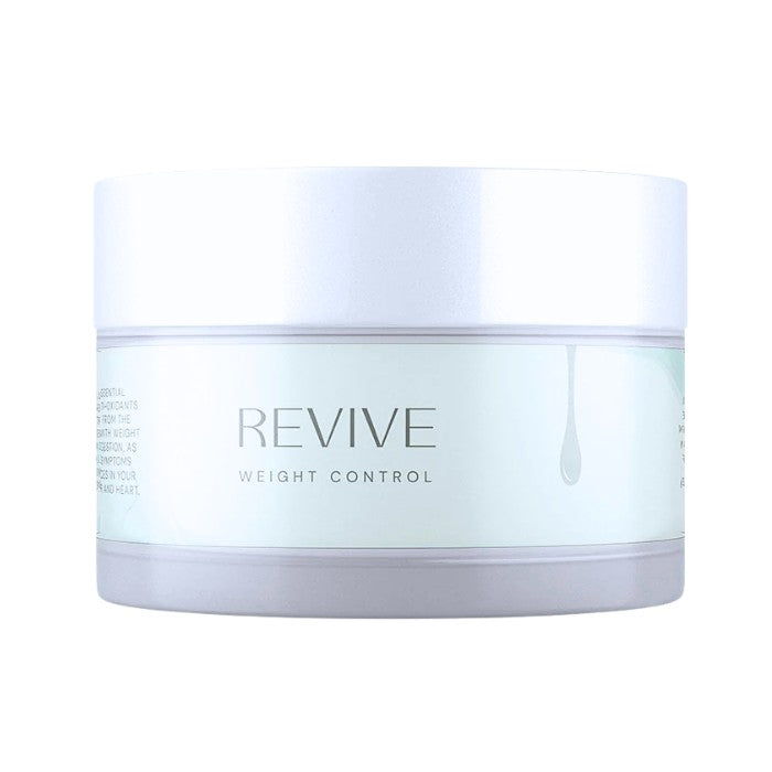 Alt tag: Jar of Revive Weight Control, a dietary supplement designed to support healthy weight management and overall wellness, featuring a sleek white container with minimalist label design.
