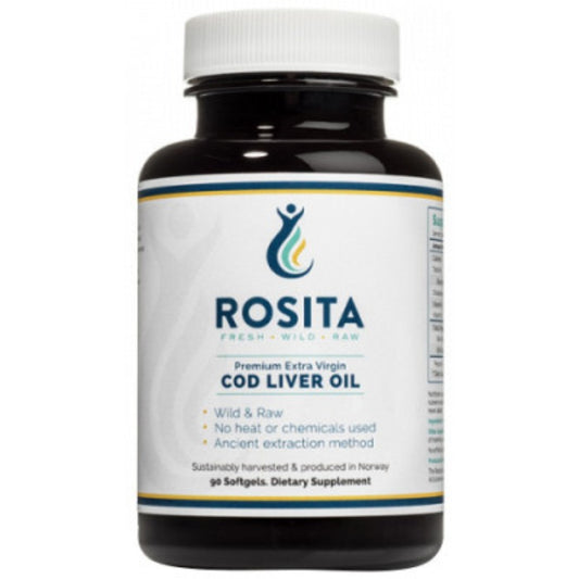 **Rosita Premium Extra Virgin Cod Liver Oil dietary supplement providing natural omega-3 fatty acids, vitamins A and D for wellness support**
