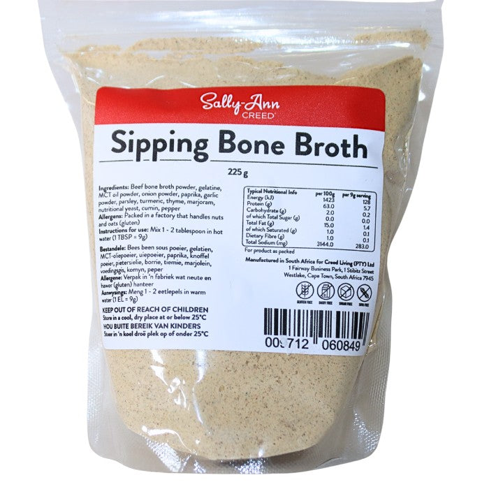 Sipping Bone Broth by Sally-Ann Creed, a nutrient-rich powdered blend made from beef bone broth and herbs to support gut health, immunity, and joint function.

