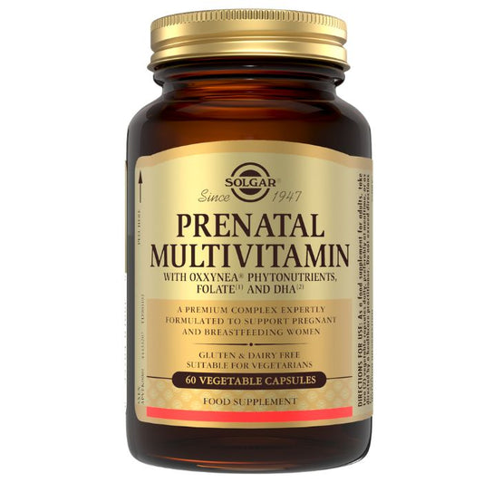Solgar Prenatal Multivitamin new formula with plant-based DHA, essential vitamins and minerals to support maternal health and pregnancy nutrition.