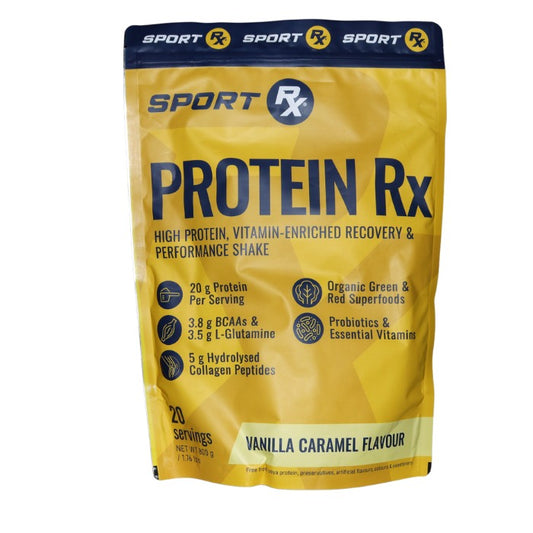 Sport Rx Protein Rx is a high-protein, vitamin-rich recovery shake with BCAAs, collagen peptides, probiotics, and superfood support.

