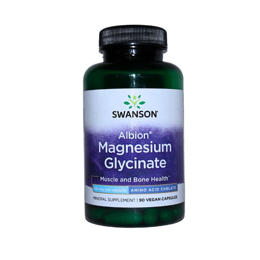 Swanson Albion Magnesium Glycinate supports muscle relaxation, bone health, and promotes calm with 133 mg per vegan capsule.
