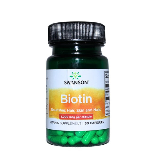 Swanson Biotin supports healthy hair, skin, and nails, promotes cellular energy, and helps maintain a youthful appearance.
