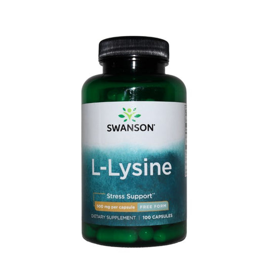 Swanson L-Lysine supplement – 500mg stress support capsules in green bottle, 100-count, for immune and emotional wellbeing