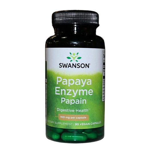 Alt tag: "Swanson Papaya Enzyme Papain 100 mg – Supports digestive health, aids protein digestion, promotes gut comfort, and enhances nutrient absorption"
