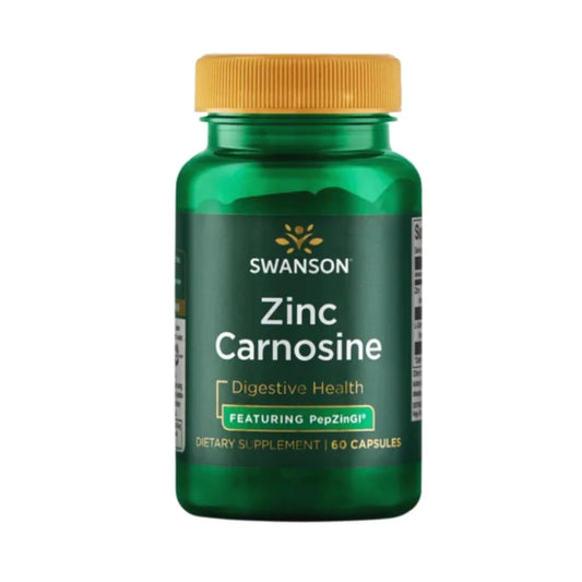 SWANSON Zinc Carnosine dietary supplement bottle with PepZin GI formula for digestive health, gut lining support, and stomach wellness – 60 capsules.