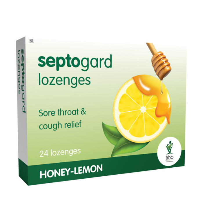 TIBB Septogard Lozenges Honey-Lemon for natural sore throat relief and immune support with clean, plant-based ingredients.