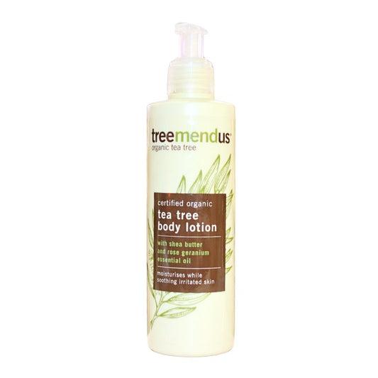 Alt tag: Treemendus Organic Tea Tree Body Lotion with shea butter and rose geranium oil, moisturizes deeply while soothing irritated skin.
