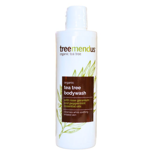 Alt tag: Treemendus Organic Tea Tree Bodywash with rose geranium and peppermint oils, gently cleanses while soothing and refreshing skin.
