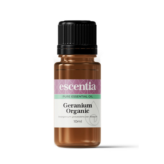 Escentia Geranium Organic Essential Oil – A pure, floral oil for uplifting moods, skincare, and holistic wellness support, 10ml bottle.