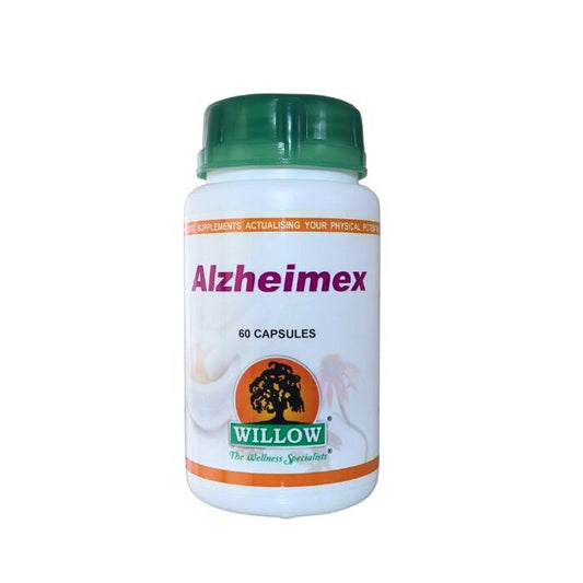 Bottle of Willow Alzheimex 60 Capsules, a natural supplement designed to support cognitive health, memory function, and mental clarity.