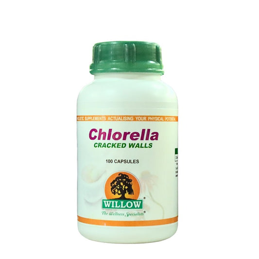 Willow Chlorella Cracked Walls 100 Capsules supplement bottle for detoxification, immune support, and enhanced nutrient absorption.