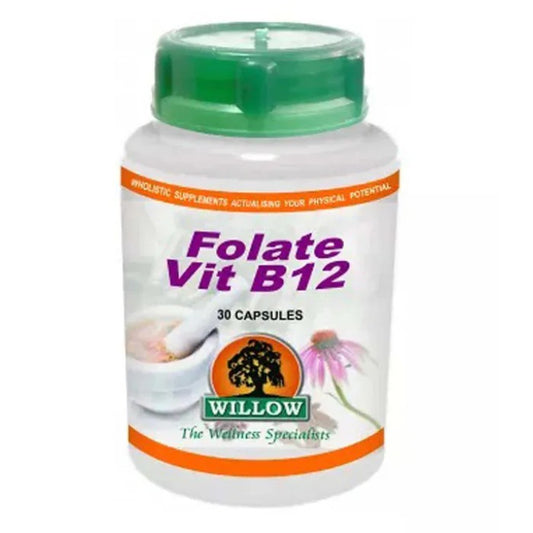 Willow Folate & Vit B12 capsules in white bottle with green cap, herbal supplement for energy, mood, and immune support