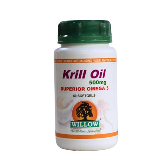 Willow Krill Oil 500mg – 60 softgels with superior Omega-3 to support heart health, brain function, joint mobility, and overall wellness.