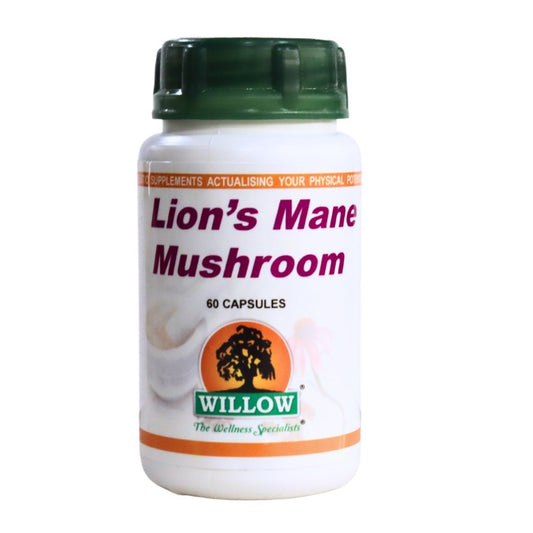 WILLOW Lion’s Mane Mushroom supplement bottle, supports cognitive function, memory, mental clarity and nerve regeneration naturally
