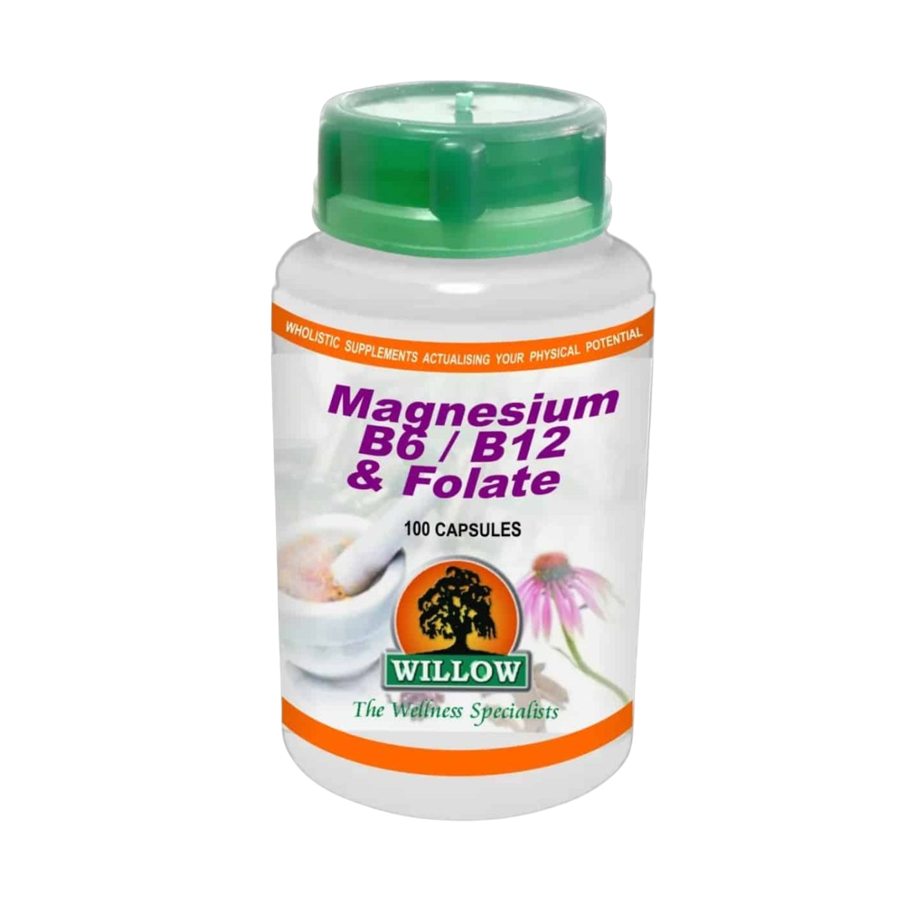 Willow Magnesium B6 B12 Folate supplement with magnesium glycinate and active B vitamins to support energy, muscles and nervous system.

