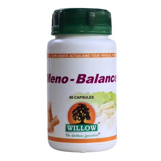 WILLOW Meno-Balance supplement bottle, supports hormonal balance, eases menopausal symptoms and promotes women’s wellbeing naturally
