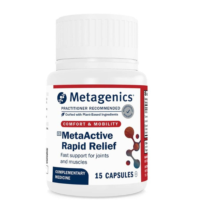 METAGENICS MetaActive Rapid Relief supplement bottle, provides fast-acting support for joint comfort, mobility and muscle relief naturally
