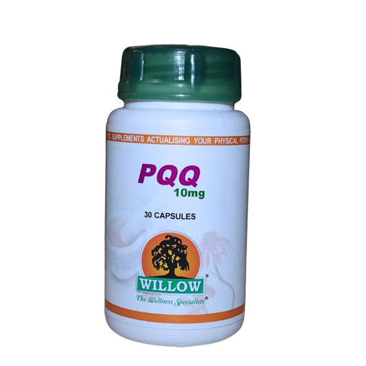 Alt tag: "Willow PQQ 10mg 30 Capsules – Supports cognitive function, boosts mitochondrial health, enhances energy metabolism, and promotes cellular repair"
