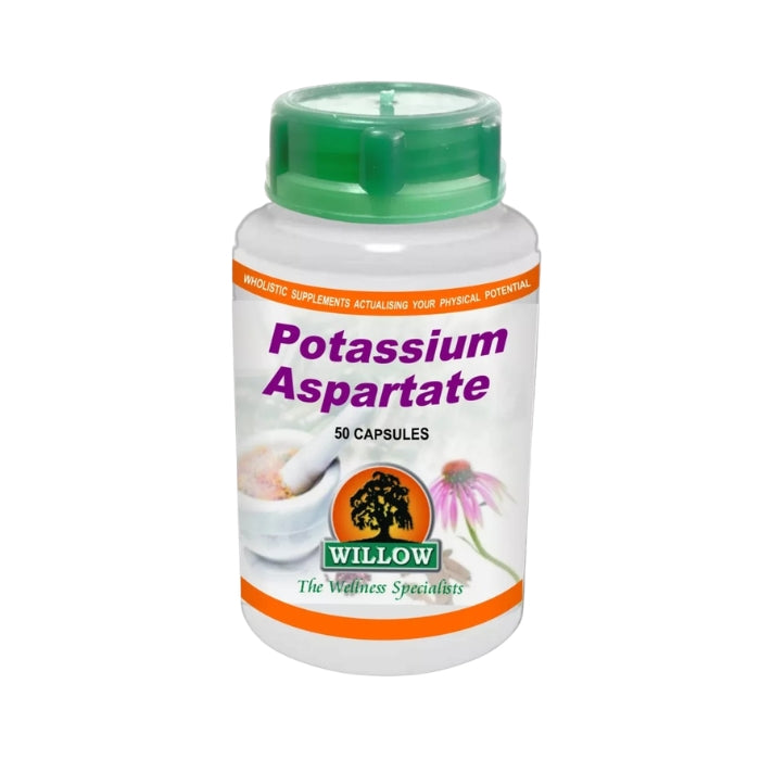 Willow Potassium Aspartate supplement providing elemental potassium to support normal muscle function, nerve health and blood pressure.
