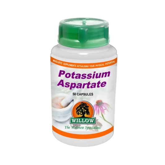 Willow Potassium Aspartate supplement providing elemental potassium to support normal muscle function, nerve health and blood pressure.
