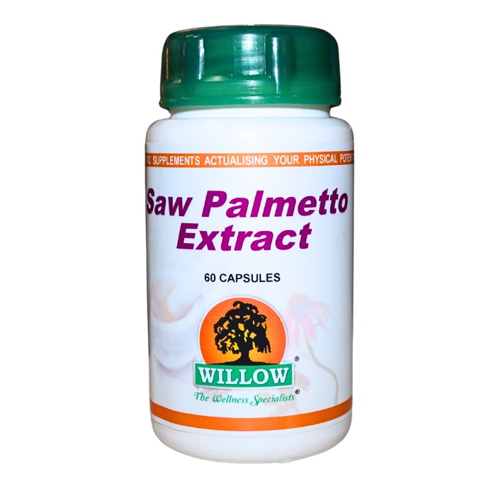 Alt text: Willow Saw Palmetto Extract supplement in capsule form designed to support prostate health, urinary function, and hormonal balance in men.
