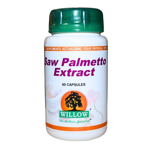 Alt text: Willow Saw Palmetto Extract supplement in capsule form designed to support prostate health, urinary function, and hormonal balance in men.
