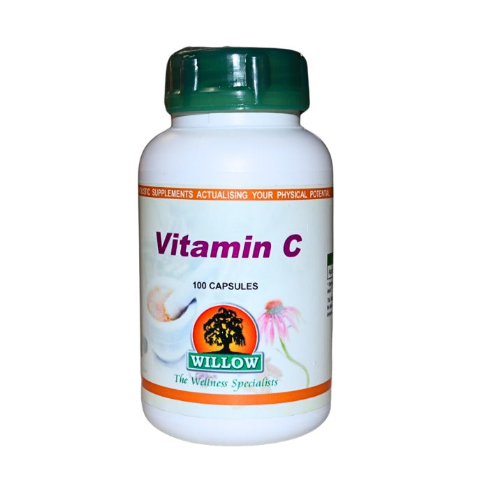 Alt tag: Willow Vitamin C, 100 capsules, a wellness supplement that supports immune defense, collagen production, antioxidant health, and energy.
