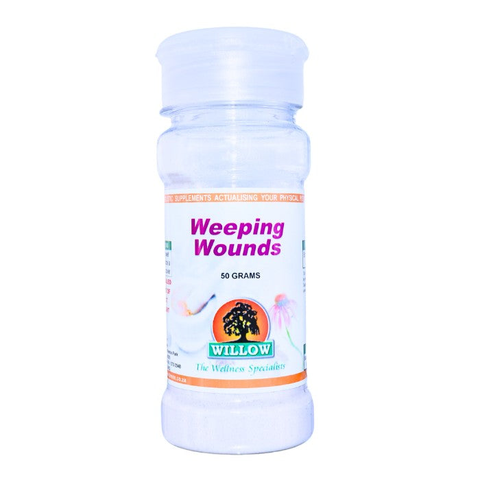 Willow Weeping Wounds is a natural topical powder formulated to support the drying, healing, and protection of open or weeping skin wounds and irritations.
