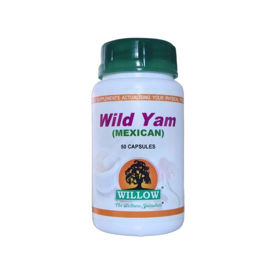 Bottle of Willow Wild Yam (Mexican) 50 Capsules, a natural supplement designed to support hormonal balance and overall women's health.