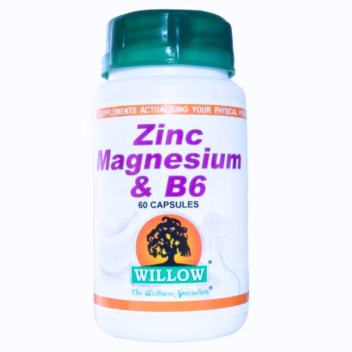 Alt tag: Willow Zinc Magnesium & B6, 60 capsules, a supplement that supports energy, muscle recovery, immune health, and restful sleep.
