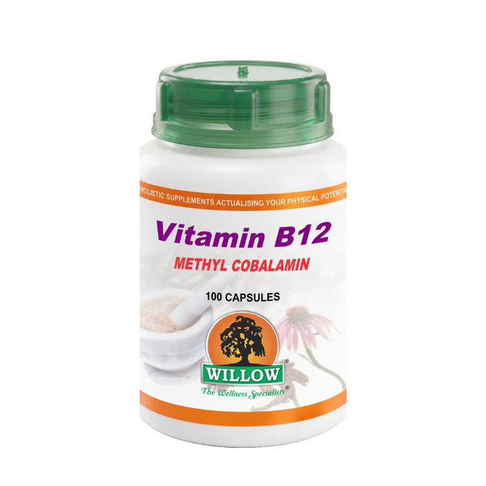 Vitamin B12 supplement bottle with green cap on a white background