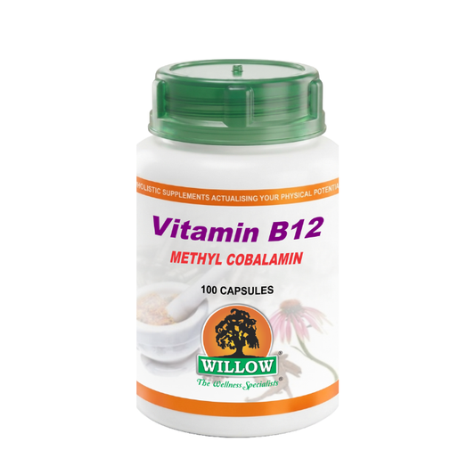 Vitamin B12 supplement bottle with green cap on a white background