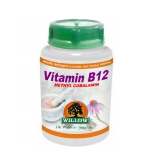 Bottle of Willow Vitamin B12 Methylcobalamin 30 Capsules, a supplement to support energy production, red blood cell formation, and brain health.