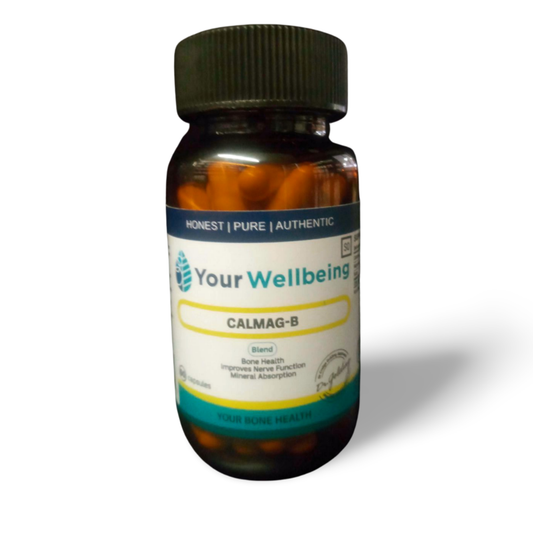 Your Wellbeing Calmag-B supplement bottle with a black cap, featuring calcium, magnesium, and essential minerals for bone health and nerve function.