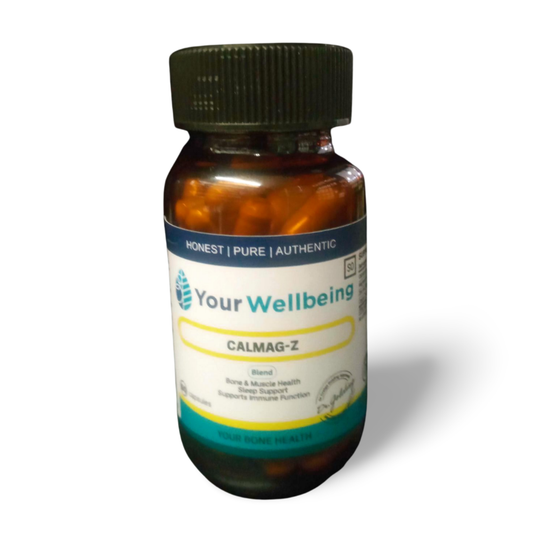 Your Wellbeing Calmag-Z supplement bottle with a black cap, featuring calcium, magnesium, and zinc for bone health, sleep, and immunity.