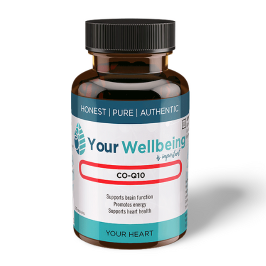 Your Wellbeing Co-Q10 supplement bottle with a black cap, designed for heart health, brain function, and natural energy support.